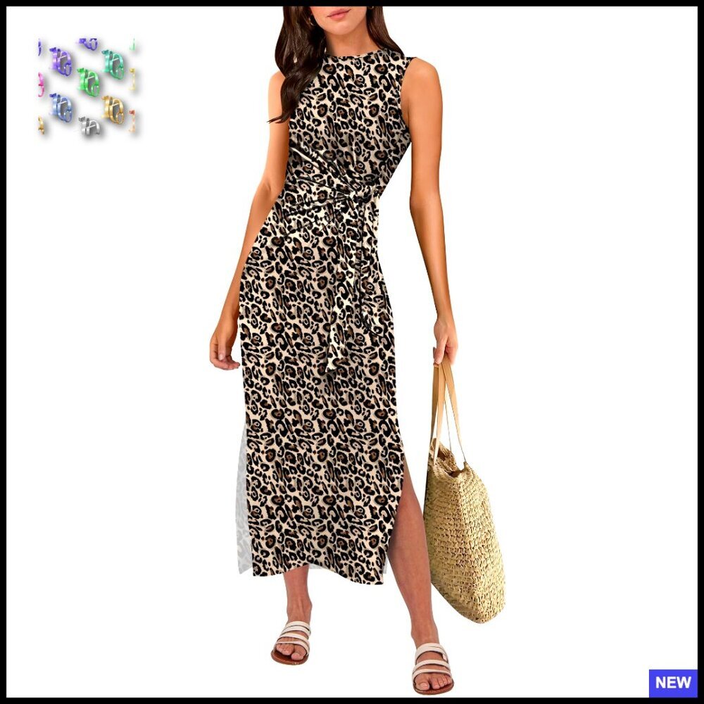Slim Fit Midi Dress Tie Waist Sleeveless Casual Summer Vacation Sundress Chic
